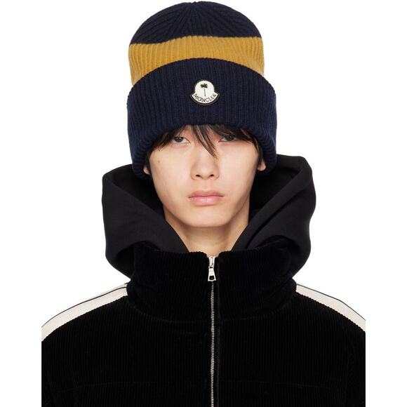 Moncler X Palm Angels Beanie Cap Men OS Navy Yellow Colorblock Knit Wool Hat NWT - Picture 2 of 14